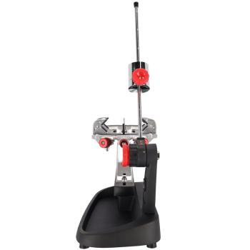 Front view of the Gamma Momentum 6 stringing machine with drop-weight tensioning system and 6-point mounting
